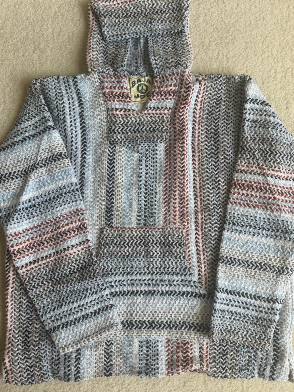 Baja Joe Woven Hoodie Light Blue, Red & White Festival Mexico Hippie